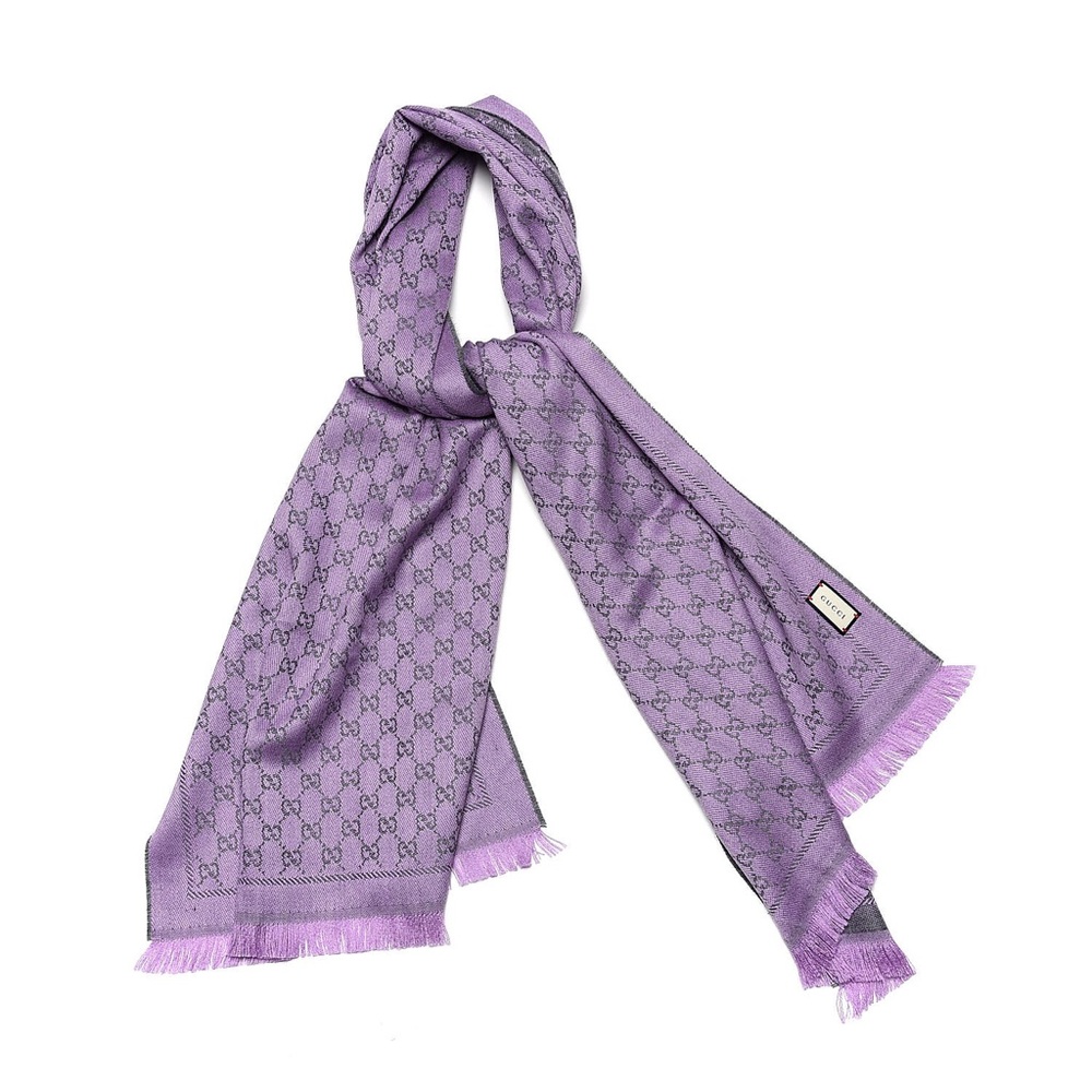 Gucci Wool GG Monogram Reversible New Sten Fringe Scarf Flannel Light Purple